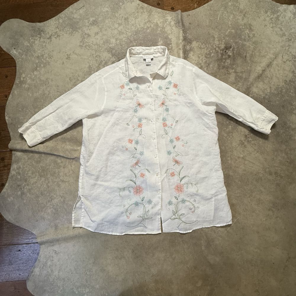 Jordan Linen Shirt Womens Size 2X‎ White Floral 3/4 Sleeve Coastal Beach